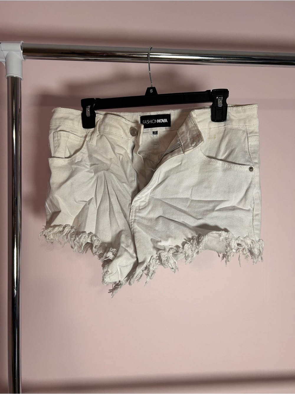 Fashion Nova Cream Distressed Frayed-Hem Denim Shorts